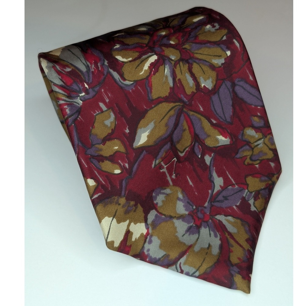 Oleg Cassini Mens Silk Floral Tie Burgundy Gold Purple Made in Italy 3.75 Inch